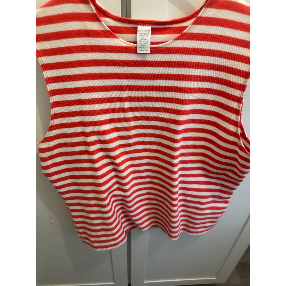 Vintage Lands End Red White Striped Sleeveless Knit Top Womens Large Made in USA